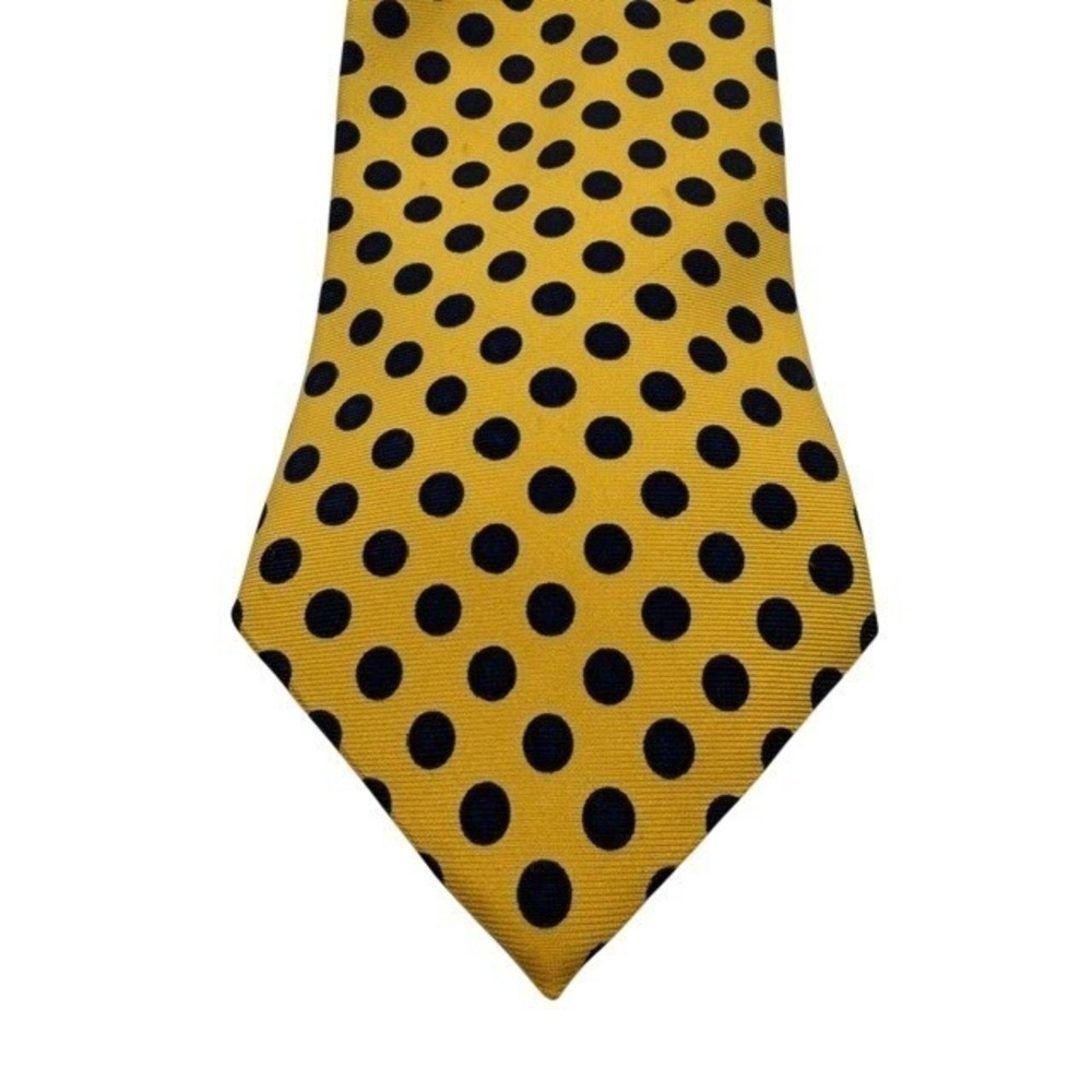 Brooks Brothers Makers Yellow Navy Blue Polka Dot Italian Silk Tie 3 1/2" x 60"